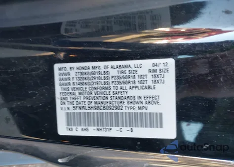 2012 Honda Odyssey Touring/Touring Elite z USA, uszkodzony, nr VIN 5FNRL5H98CB092902